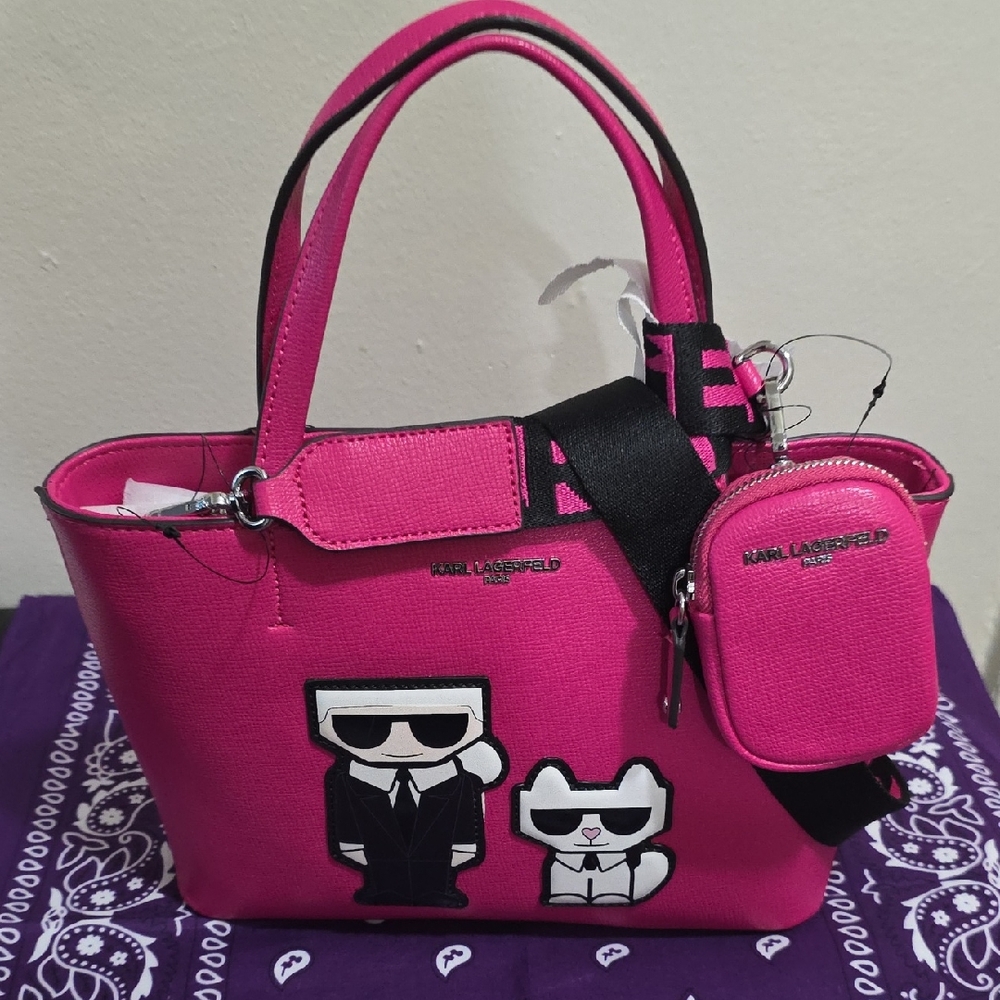 Karl Lagerfeld Hot Pink Tote with Character Patches and Detachable Pouch